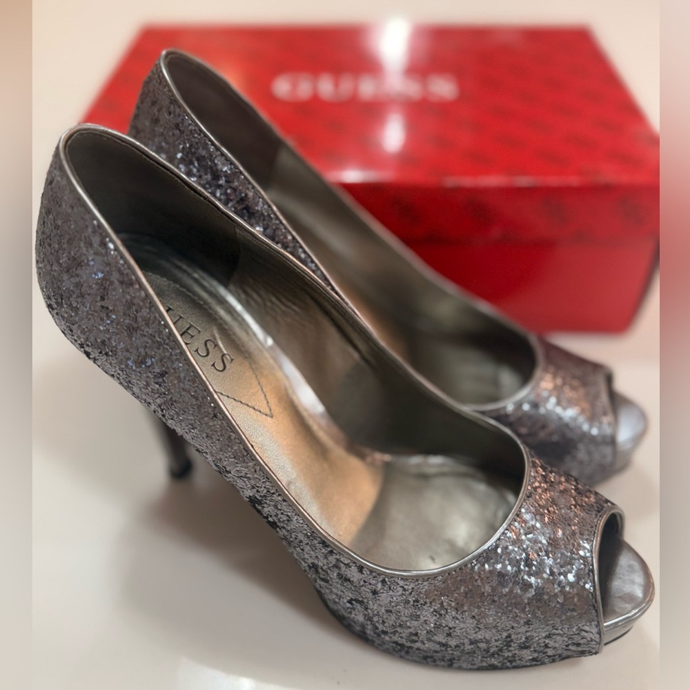 Guess Sparkling Silver Peep Toe Heels